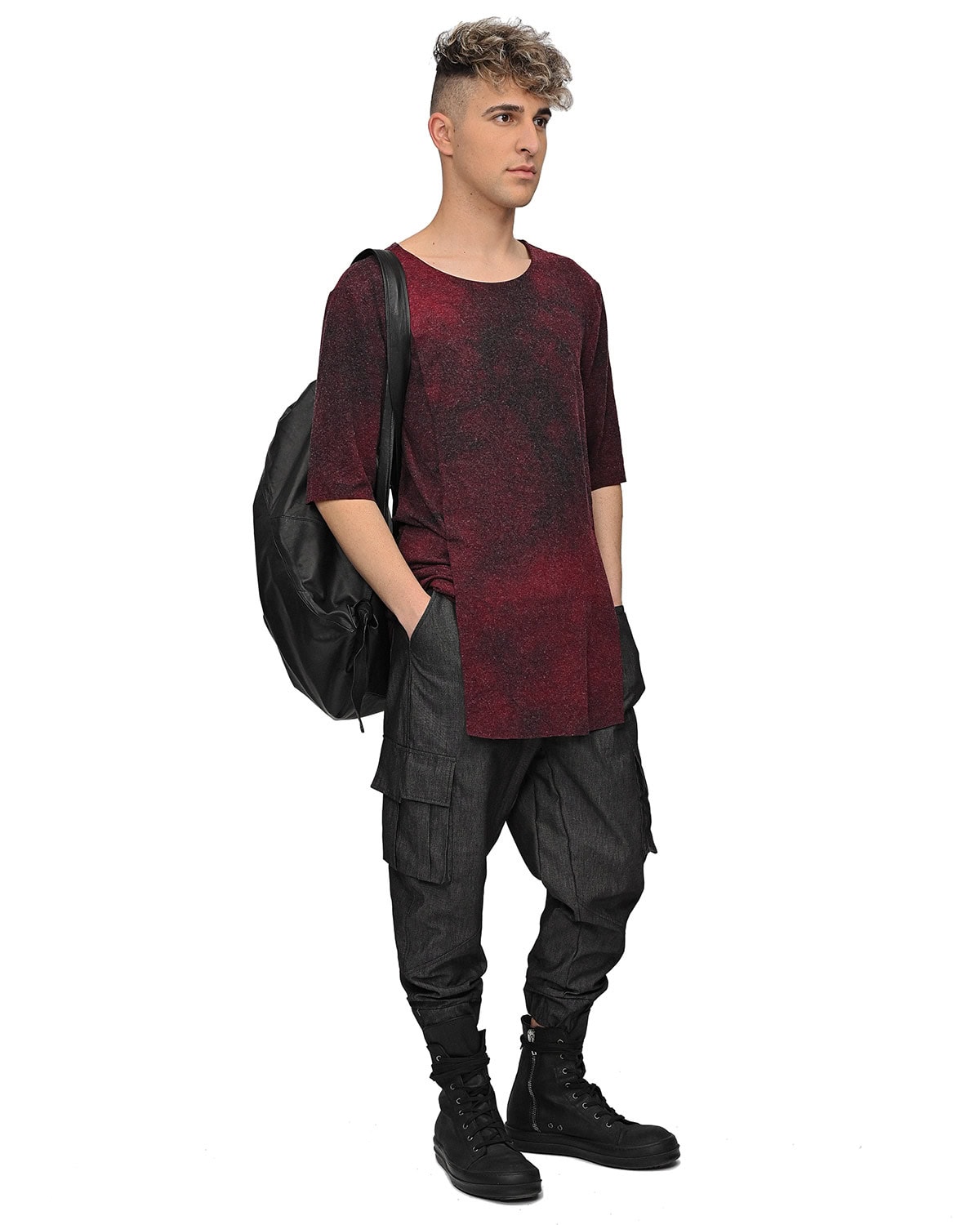 MINOAR - Layers Red Moss Cloud Dyed T-Shirt, Men's black viscose T-shirt with layered construction - 9
