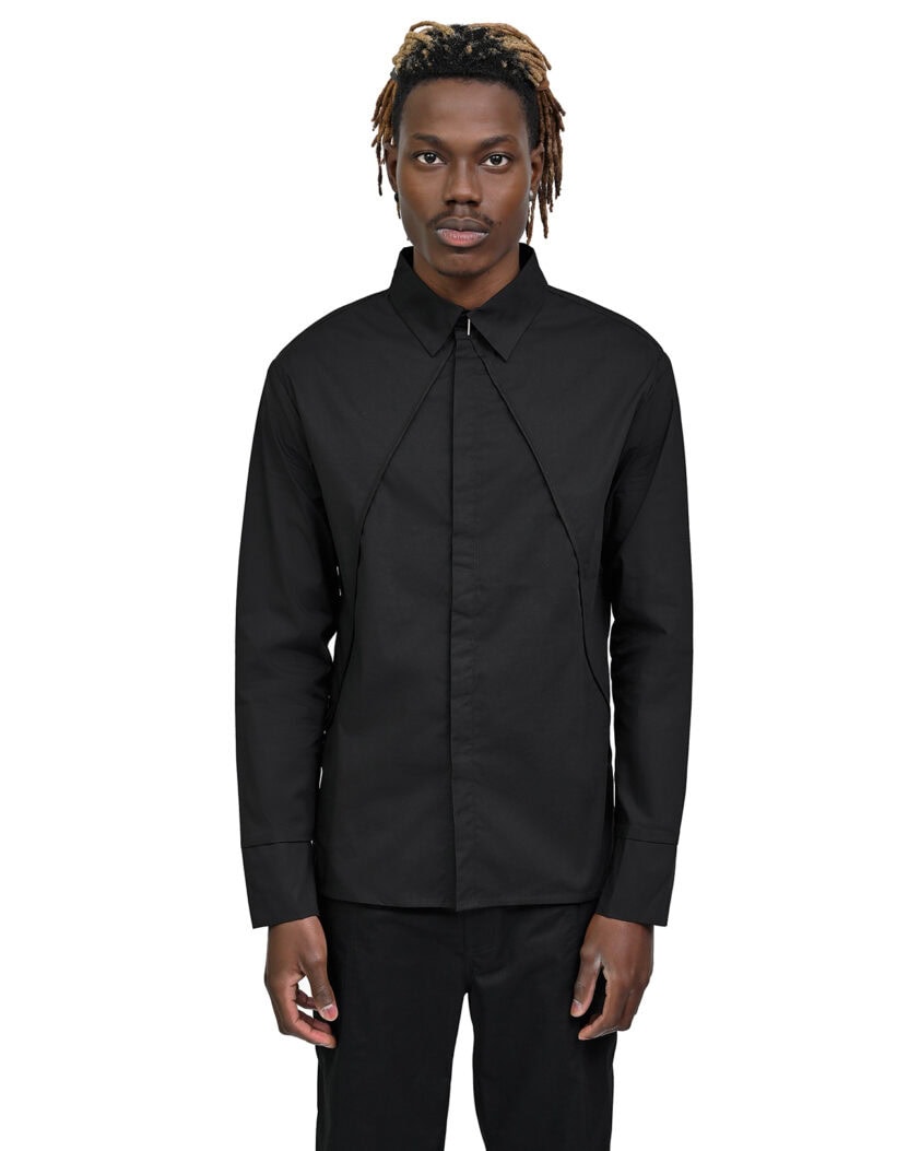 MINOAR - Hexa Collar Angle Shirt, Men's black cotton shirt with steel hardware detail - 1