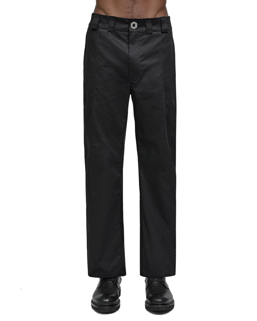 MINOAR - Hexa Construct Unsullied Trousers, Men's black cotton trousers with diagonal welt pockets - 1