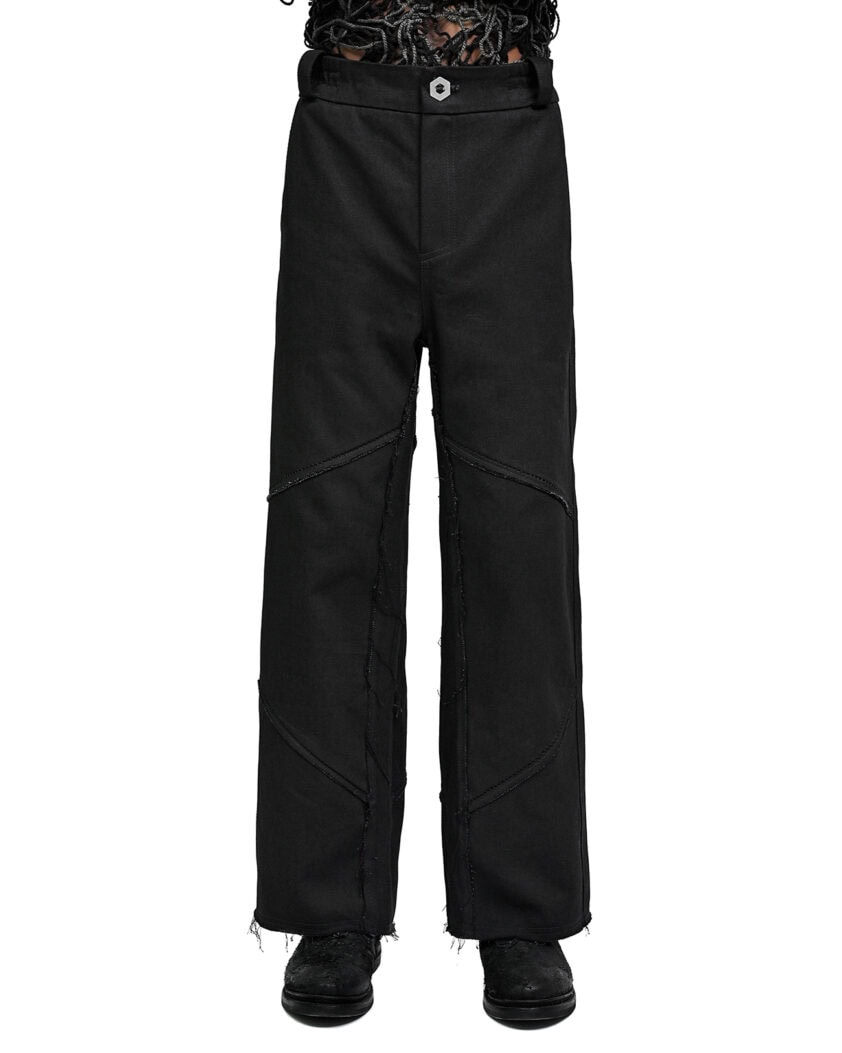 MINOAR - Hexa Flared Denim Trousers, Men's black cotton trousers with diagonal welt pockets - 1