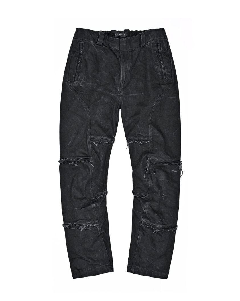 MINOAR - String Denim Wash Curve Trousers, Men's black cotton trousers with diagonal welt pockets - 1
