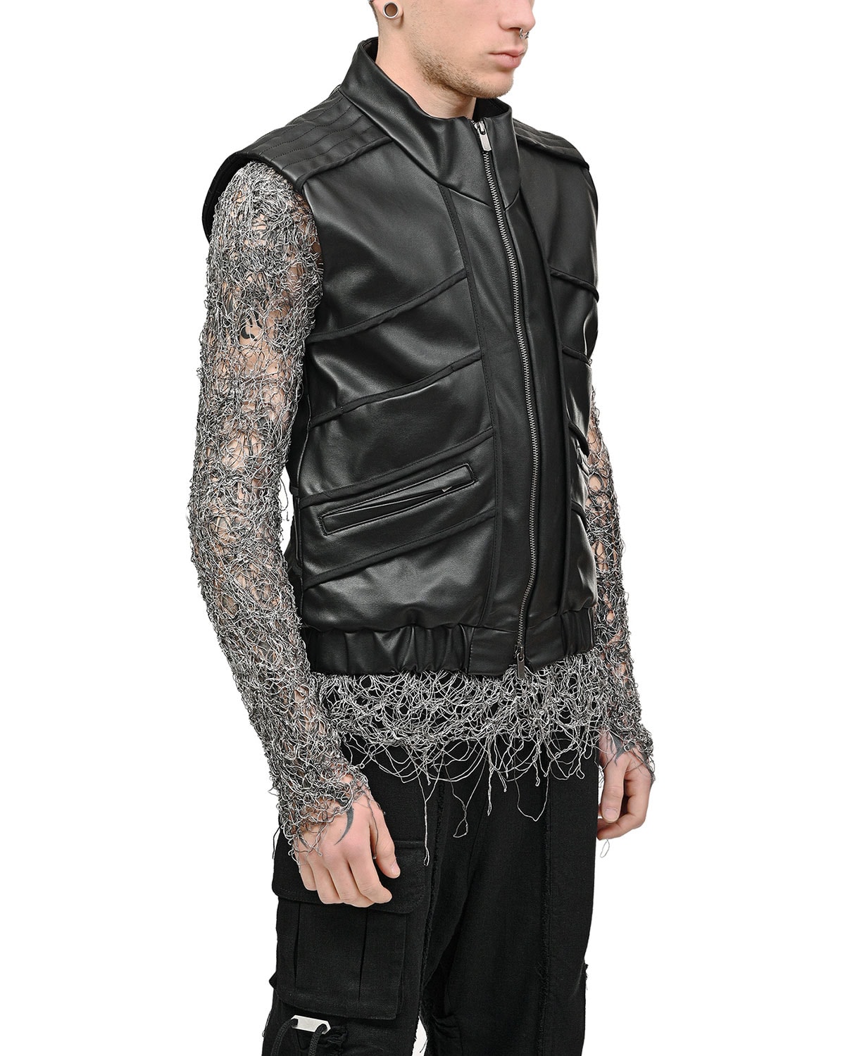 Particle Cut Leather Biker Vest - Image 7