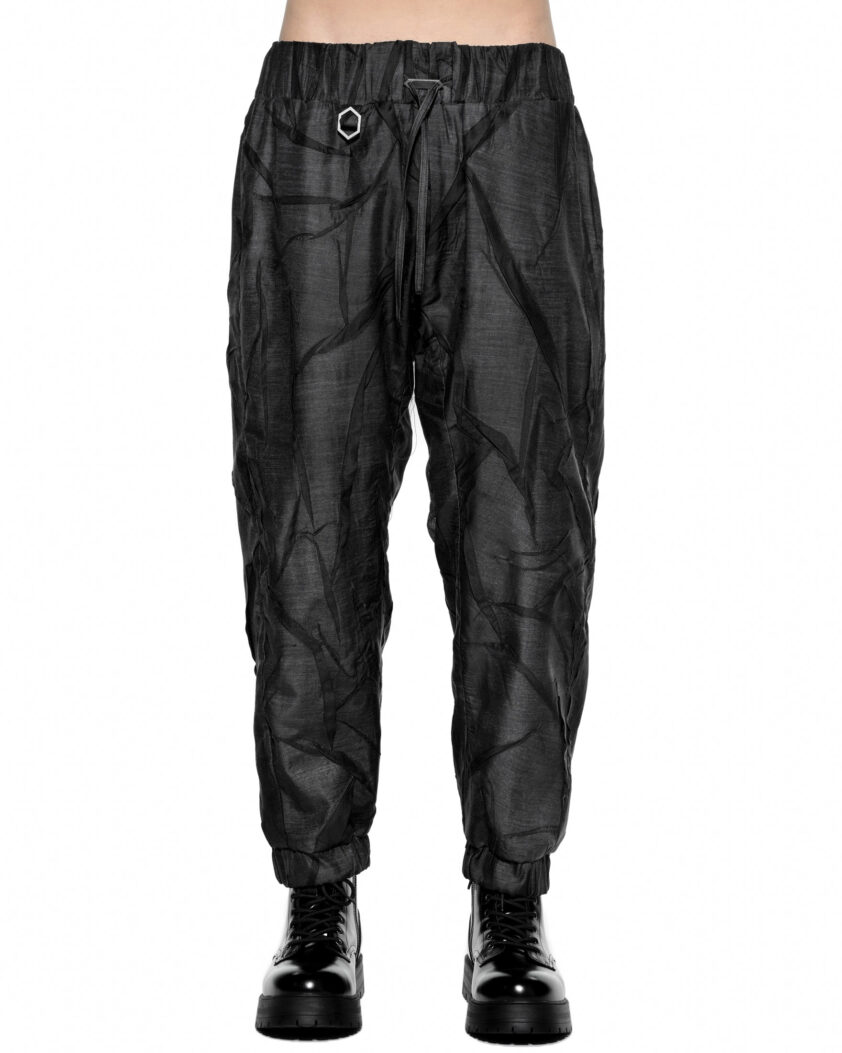 MINOAR - Diffuse Crushed Dark Pants, Men's black lyocell pants with diagonal welt pockets - 1