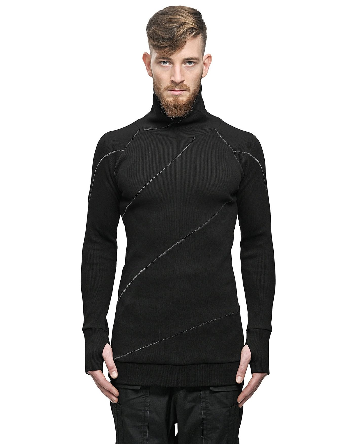 Grey Scar-Stitched Turtleneck Knit Top