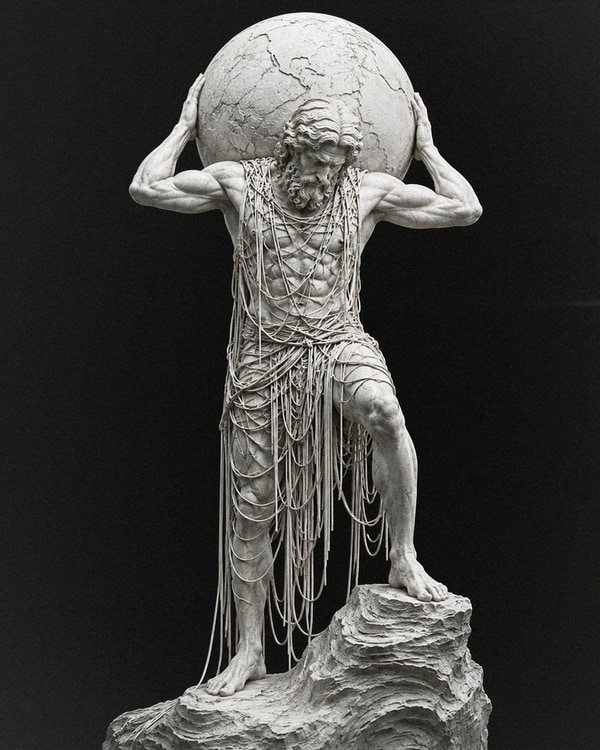 Atlas carrying a globe in a Fiber Bond garment