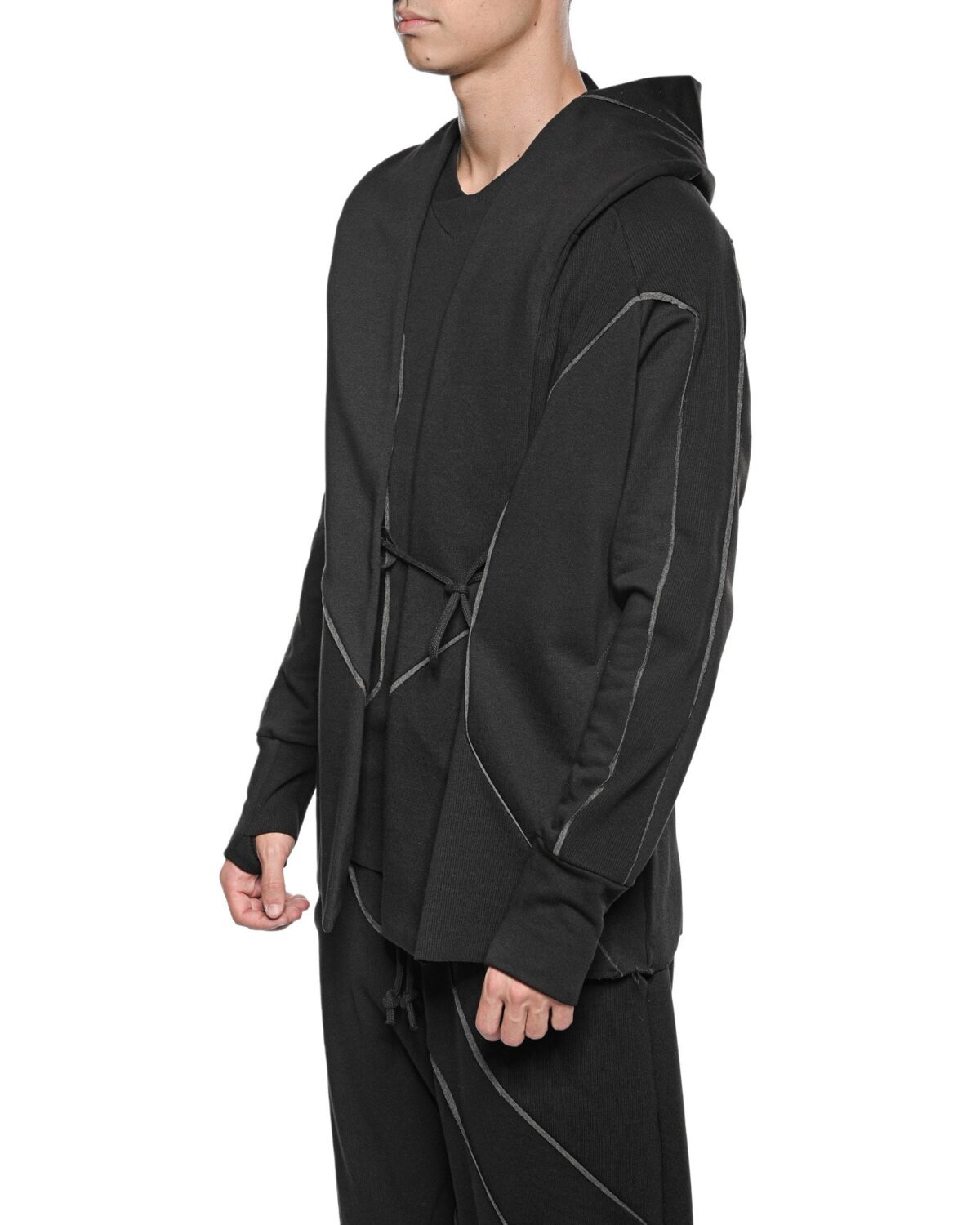 MINOAR - Cluster Hooded Secure Knit Cardigan, Men's black cotton cardigan with external seam detail - 3