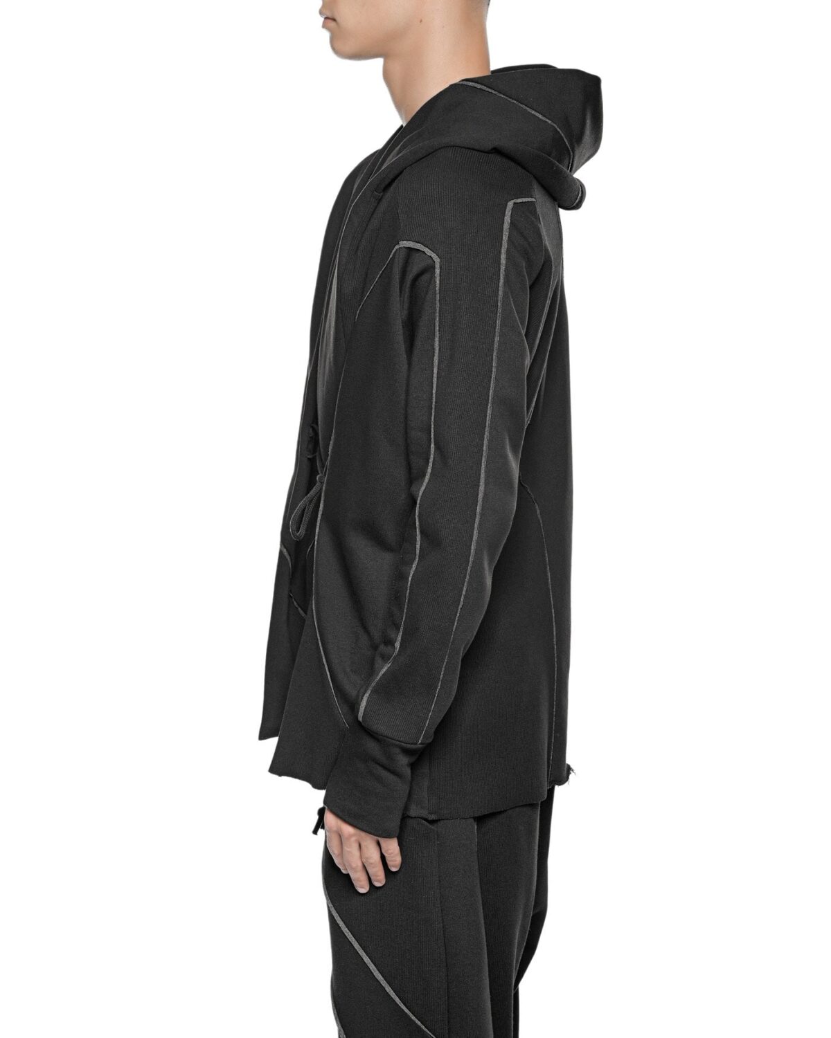 MINOAR - Cluster Hooded Secure Knit Cardigan, Men's black cotton cardigan with external seam detail - 4