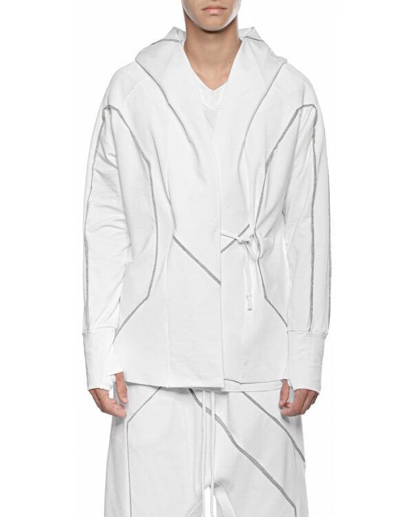 MINOAR - Cluster Hooded Secure Knit Cardigan, Men's white cotton cardigan with external seam detail - 1