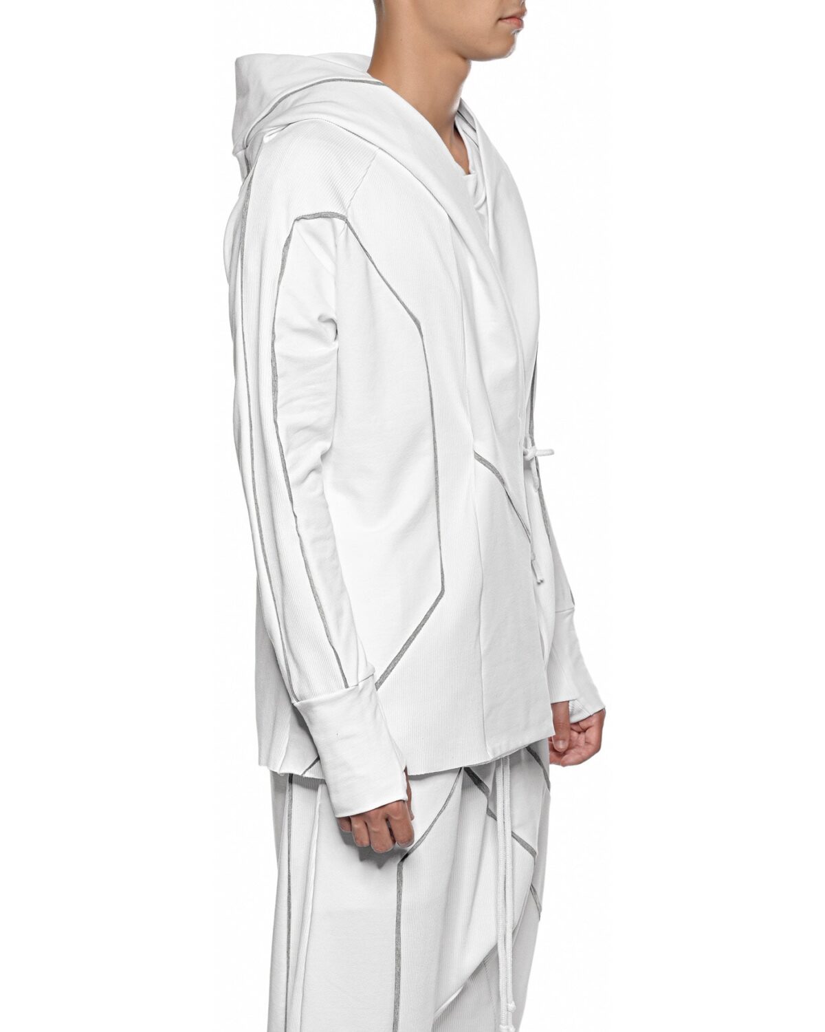 MINOAR - Cluster Hooded Secure Knit Cardigan, Men's white cotton cardigan with external seam detail - 5
