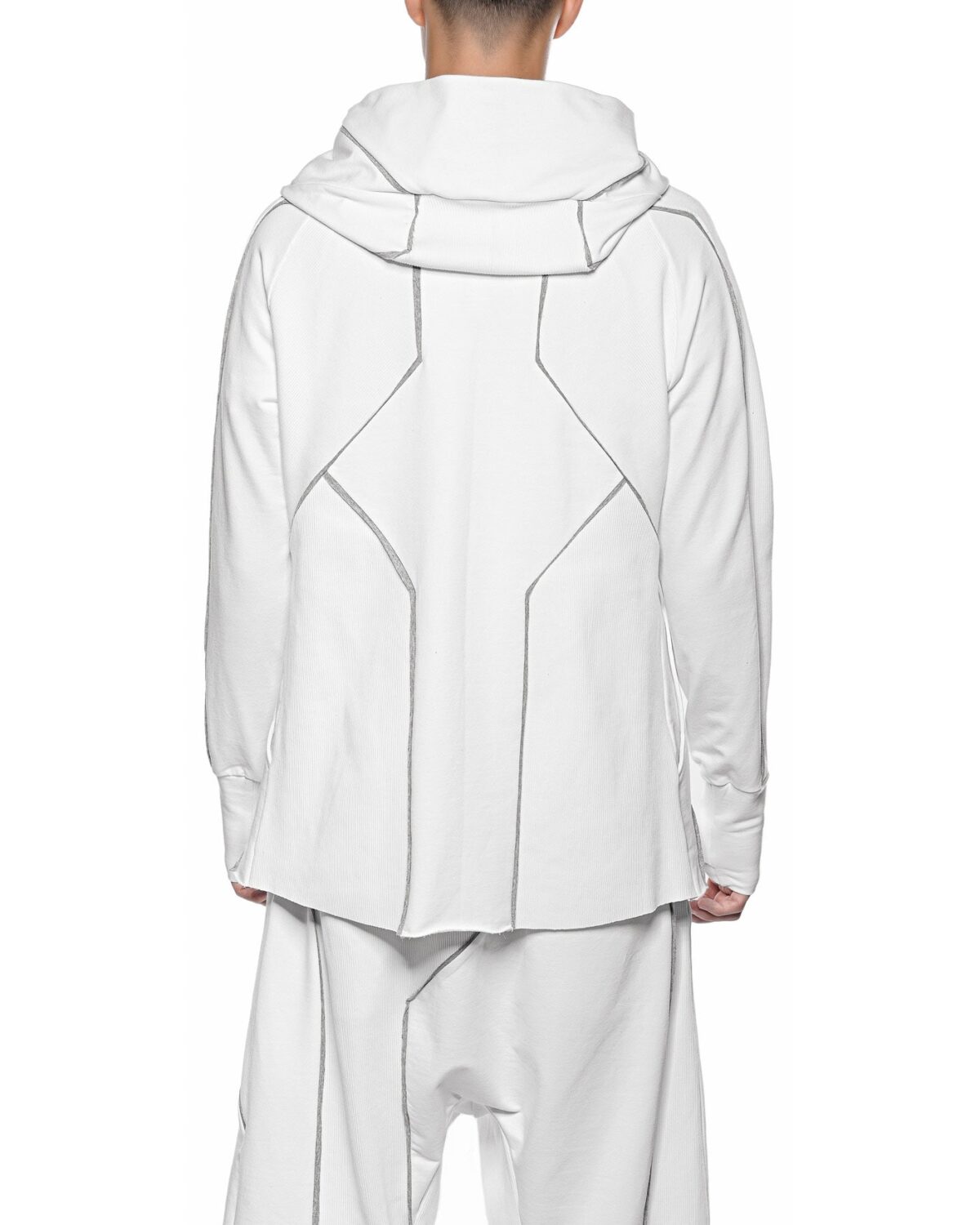 MINOAR - Cluster Hooded Secure Knit Cardigan, Men's white cotton cardigan with external seam detail - 4