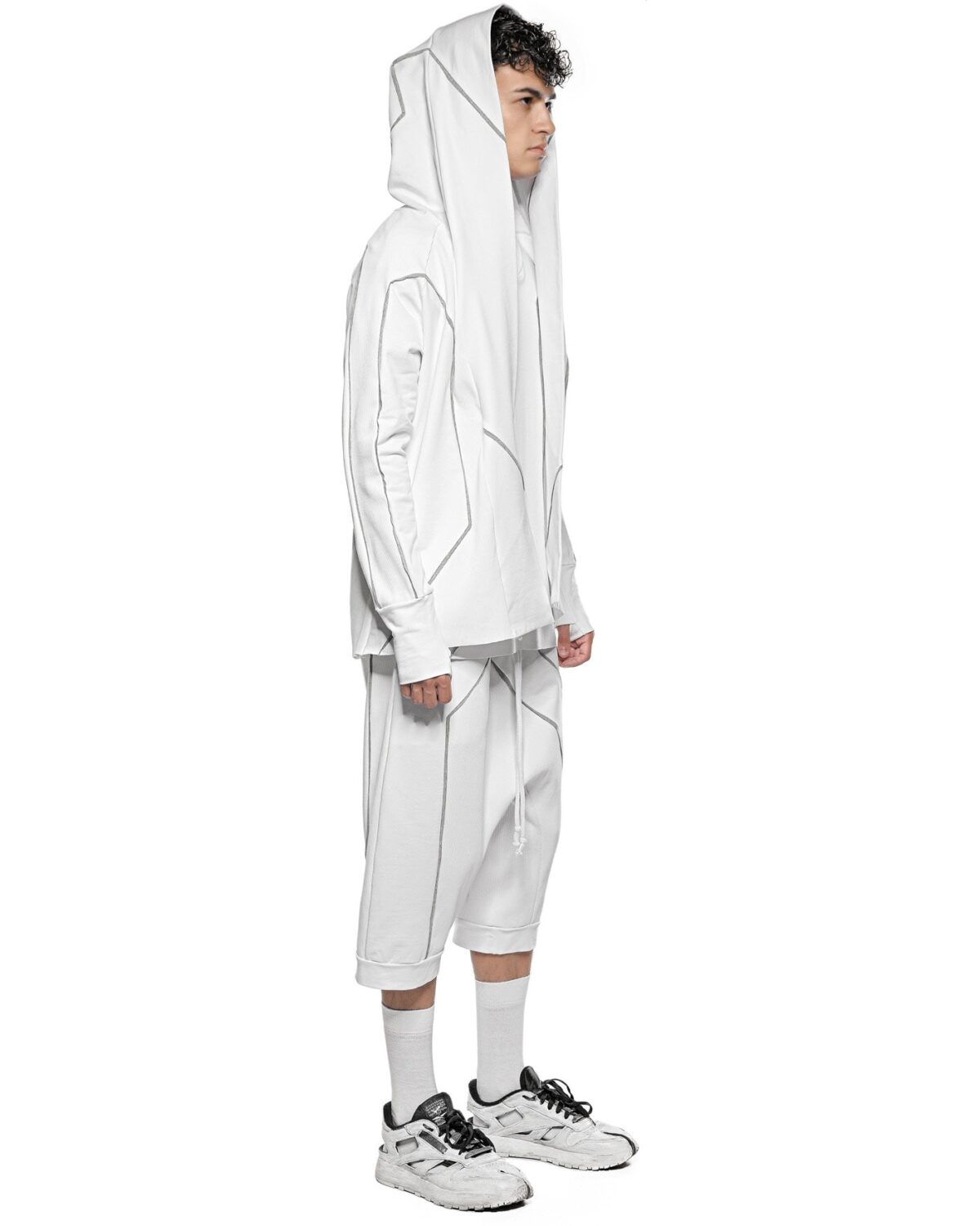MINOAR - Cluster Hooded Secure Knit Cardigan, Men's white cotton cardigan with external seam detail - 3