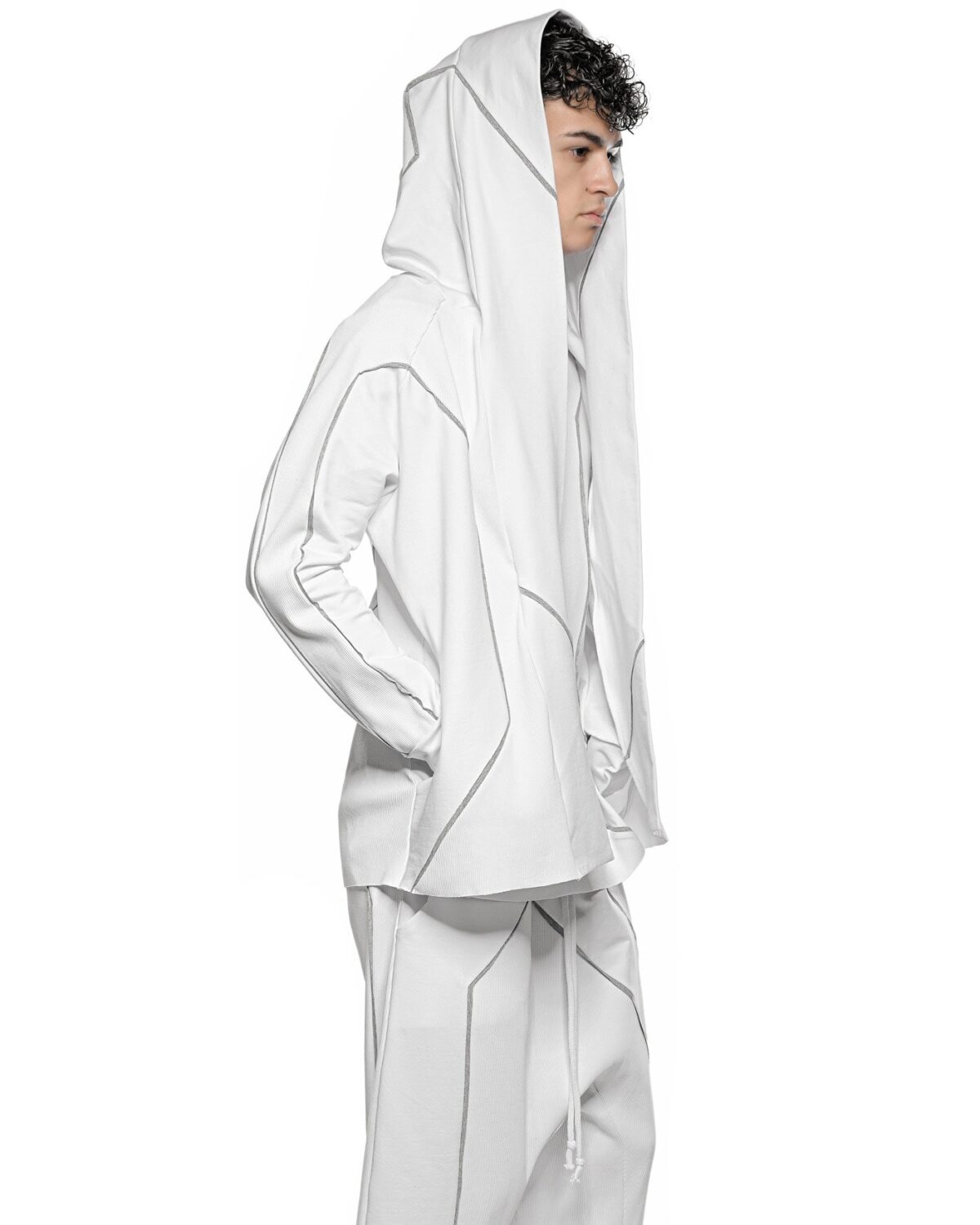 MINOAR - Cluster Hooded Secure Knit Cardigan, Men's white cotton cardigan with external seam detail - 6