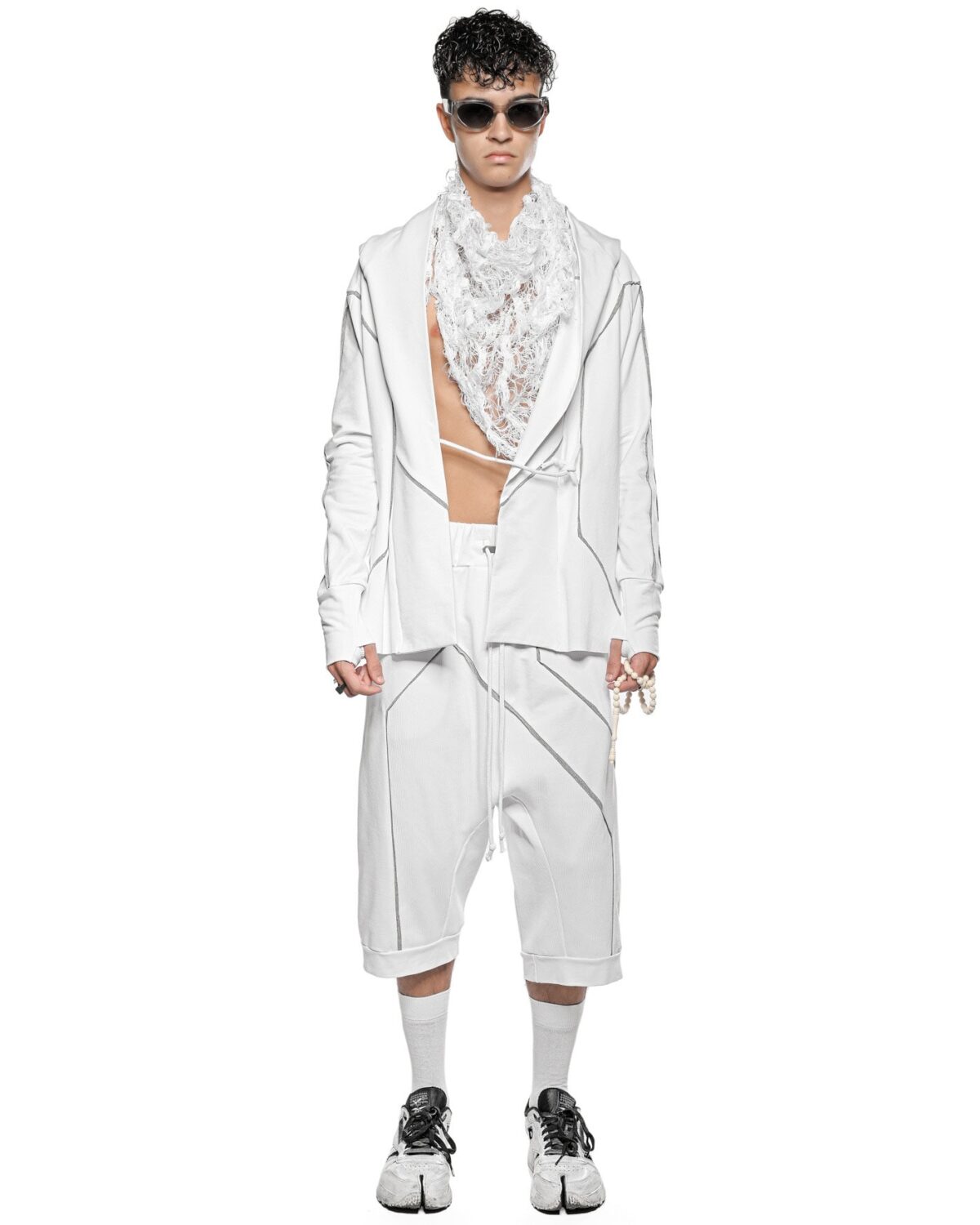 MINOAR - Cluster Hooded Secure Knit Cardigan, Men's white cotton cardigan with external seam detail - 9