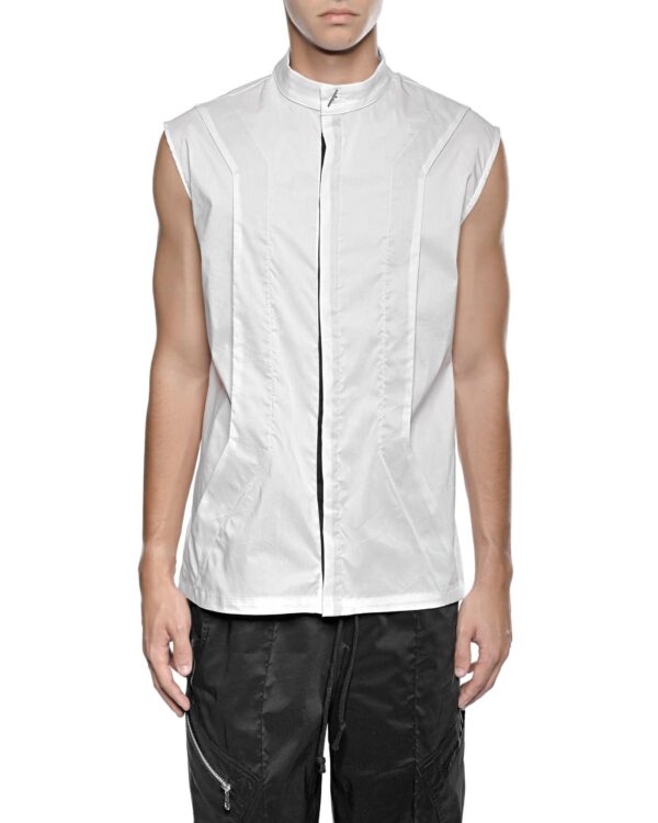 MINOAR - Gravity Layers Sleveeless Shirt, Men's white cotton shirt with multi-panel construction - 1