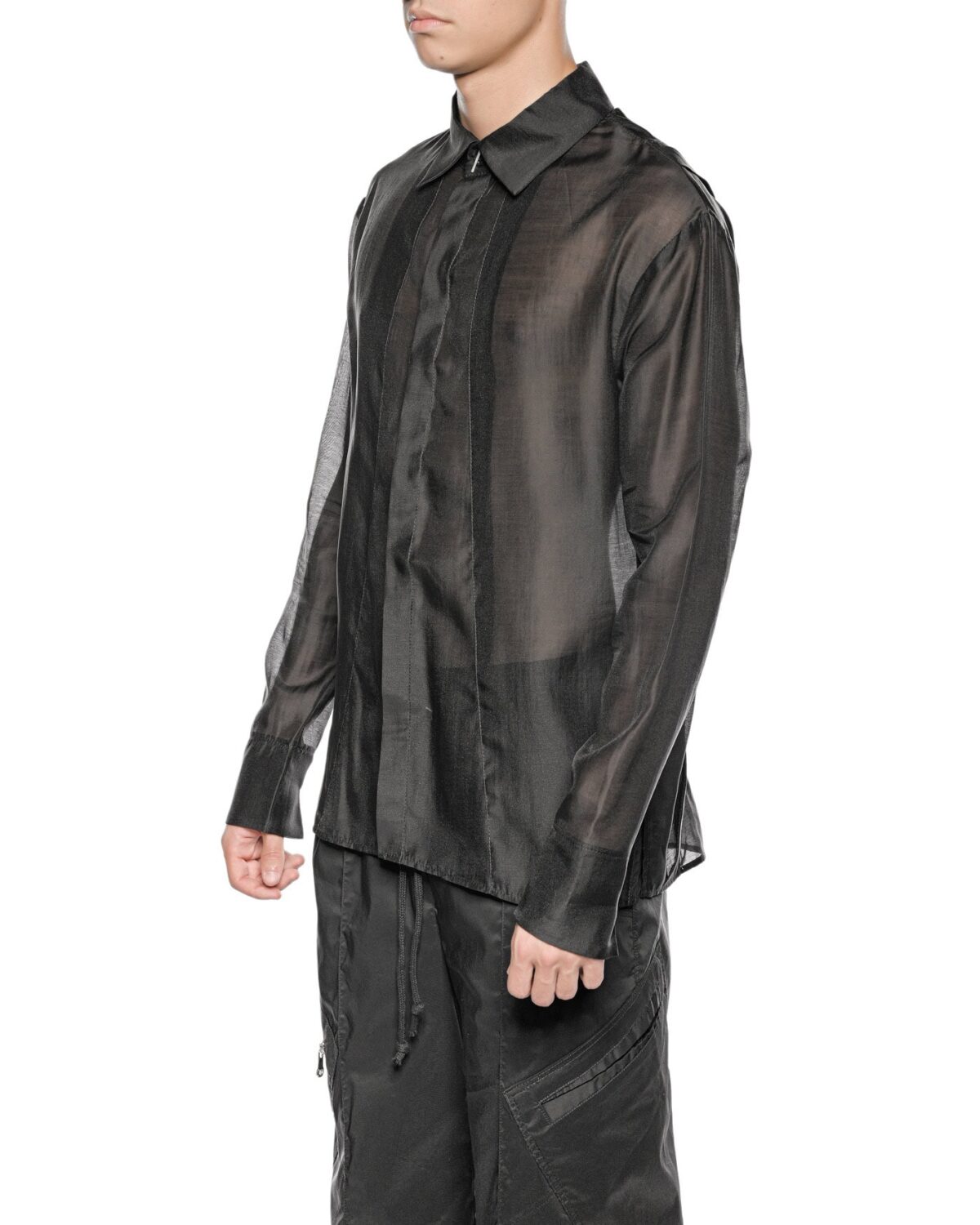 MINOAR - Radiant Semi-Sheer Collar Shirt, Men's black cotton shirt with semi-sheer fabric - 4