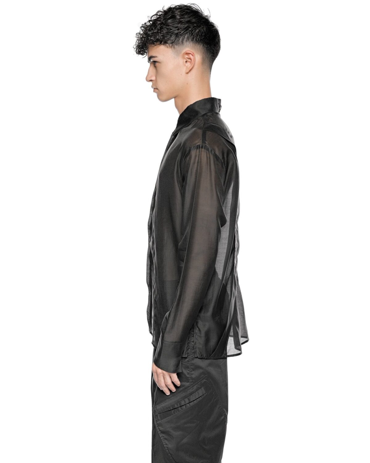 MINOAR - Radiant Semi-Sheer Collar Shirt, Men's black cotton shirt with semi-sheer fabric - 5