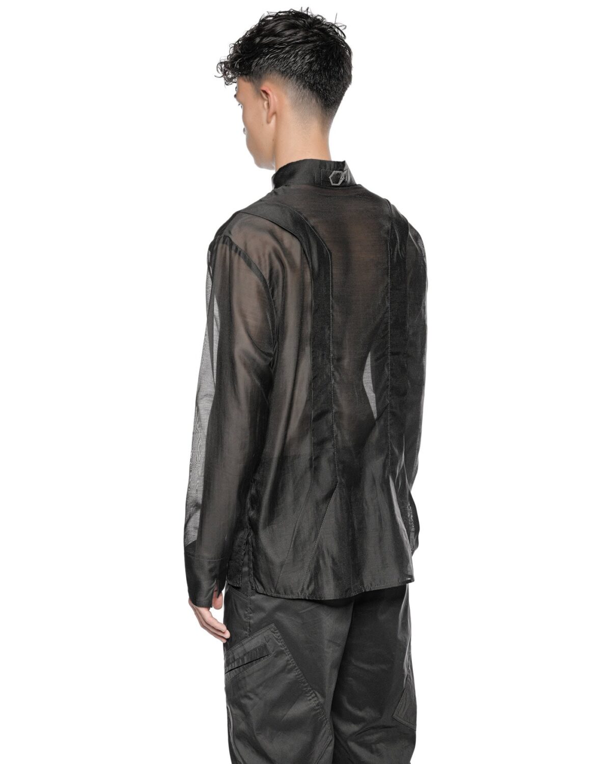 MINOAR - Radiant Semi-Sheer Collar Shirt, Men's black cotton shirt with semi-sheer fabric - 6