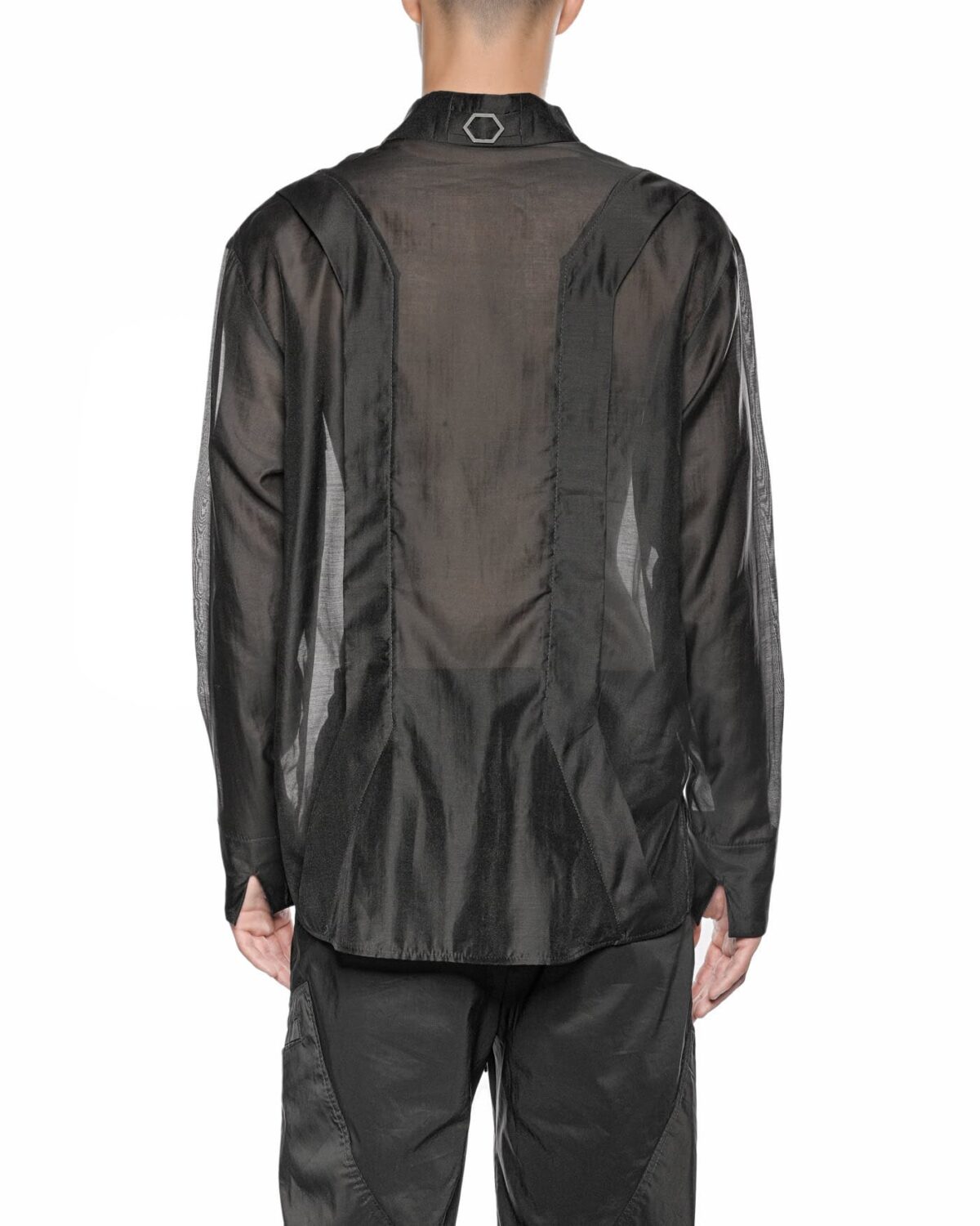 MINOAR - Radiant Semi-Sheer Collar Shirt, Men's black cotton shirt with semi-sheer fabric - 3