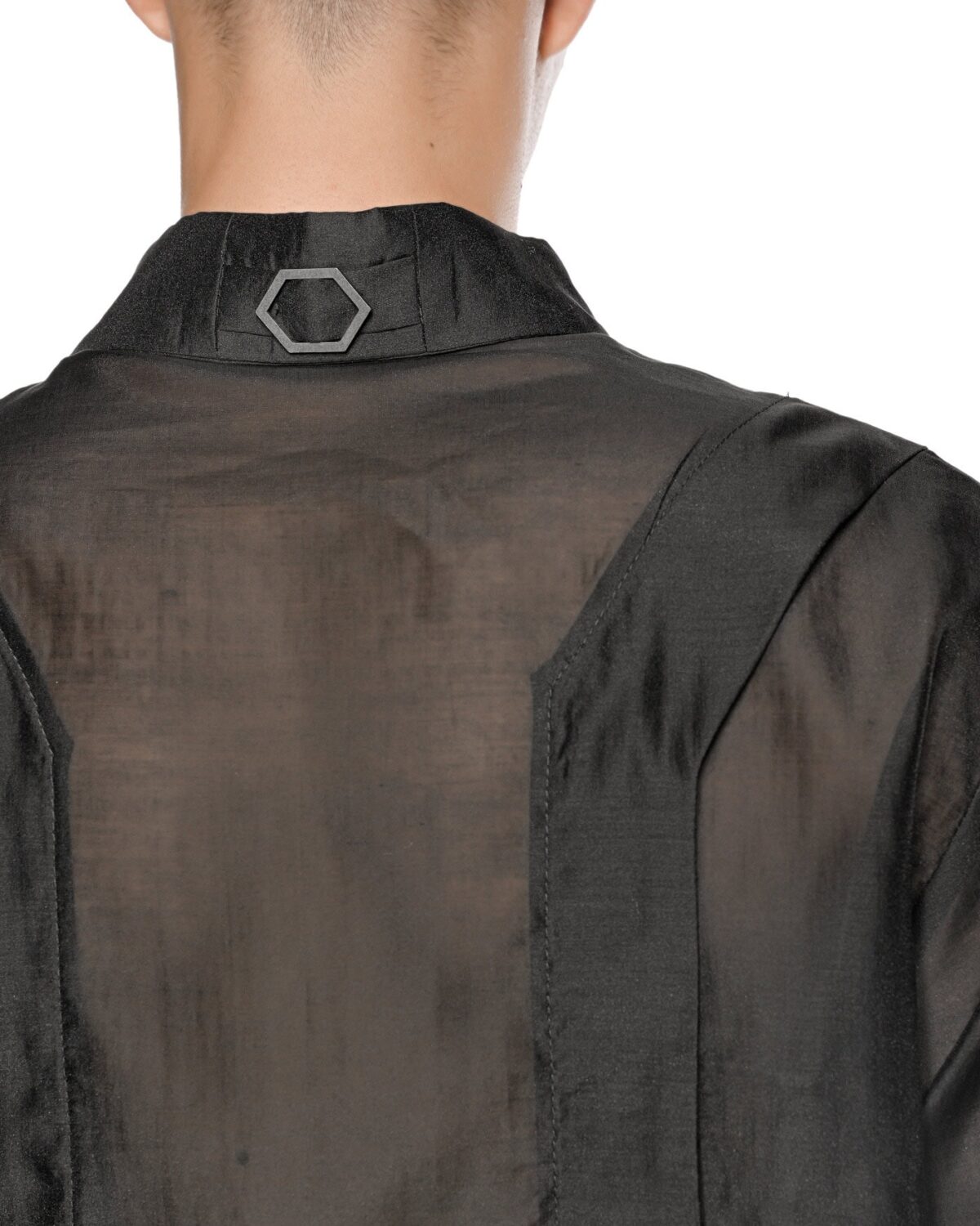 MINOAR - Radiant Semi-Sheer Collar Shirt, Men's black cotton shirt with semi-sheer fabric - 8