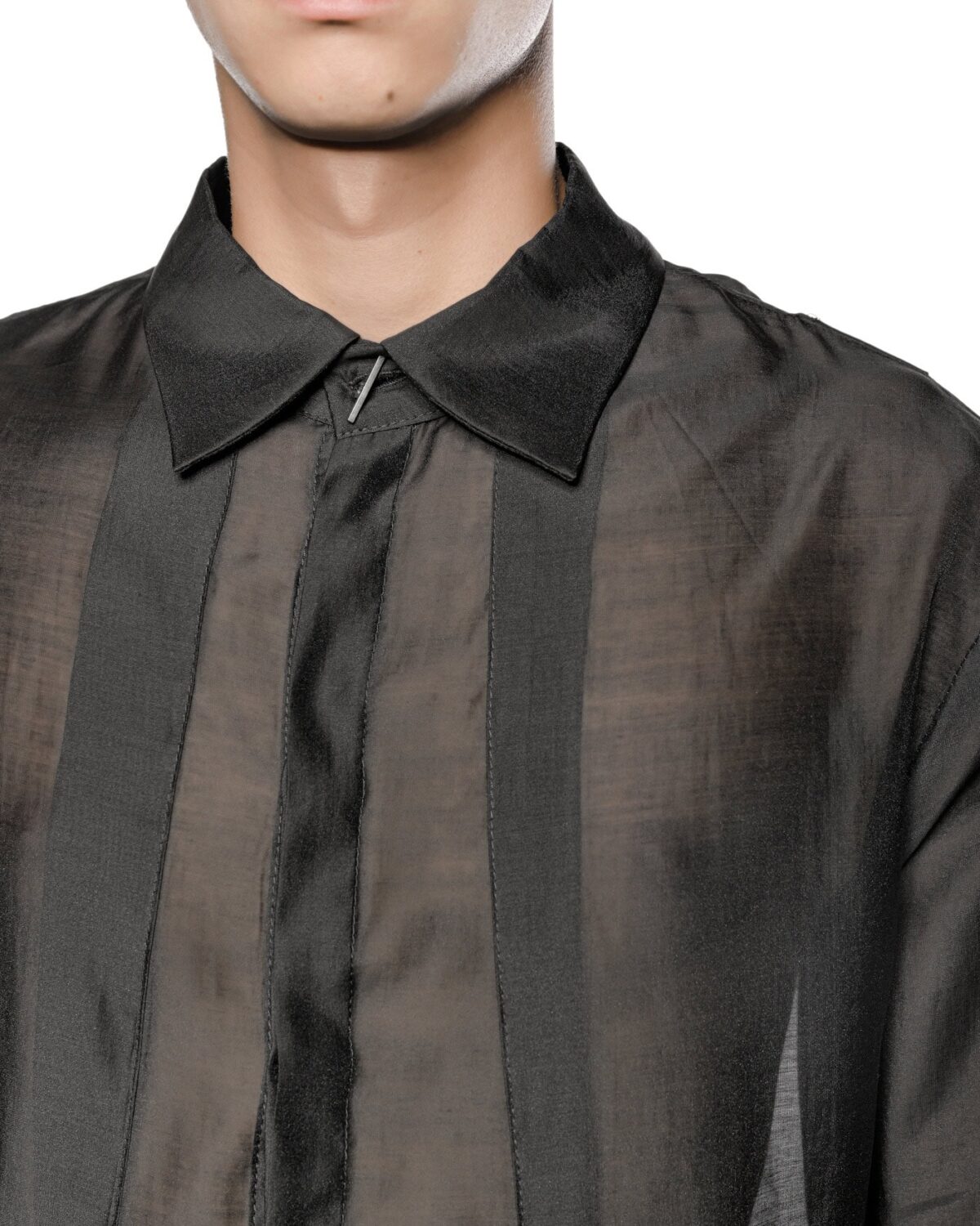 MINOAR - Radiant Semi-Sheer Collar Shirt, Men's black cotton shirt with semi-sheer fabric - 7