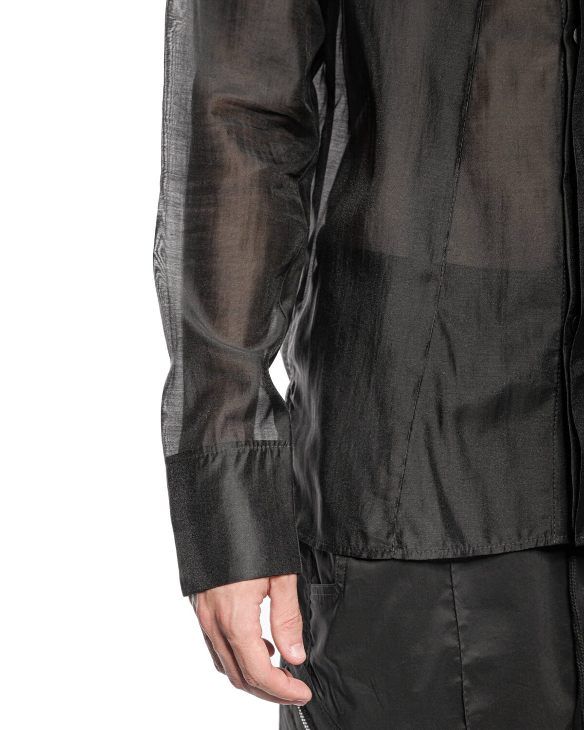 MINOAR - Radiant Semi-Sheer Collar Shirt, Men's black cotton shirt with semi-sheer fabric - 9