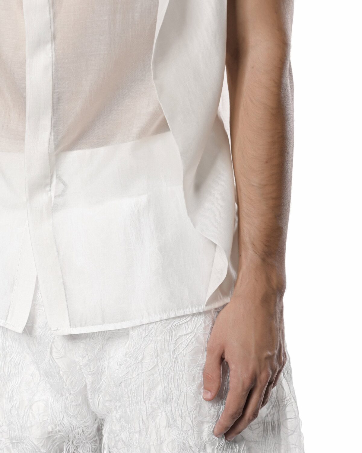 MINOAR - Radiant Sleeveless Bone White Shirt, Men's white lyocell shirt with semi-sheer fabric - 7