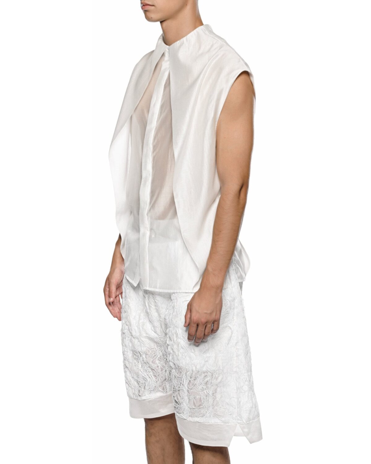 MINOAR - Radiant Sleeveless Bone White Shirt, Men's white lyocell shirt with semi-sheer fabric - 4