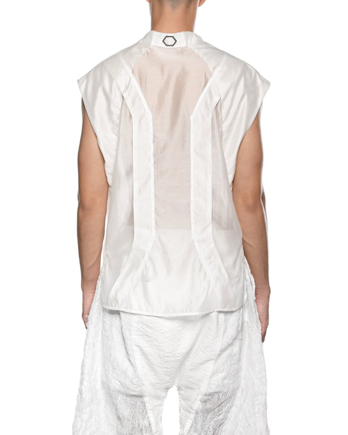 MINOAR - Radiant Sleeveless Bone White Shirt, Men's white lyocell shirt with semi-sheer fabric - 3