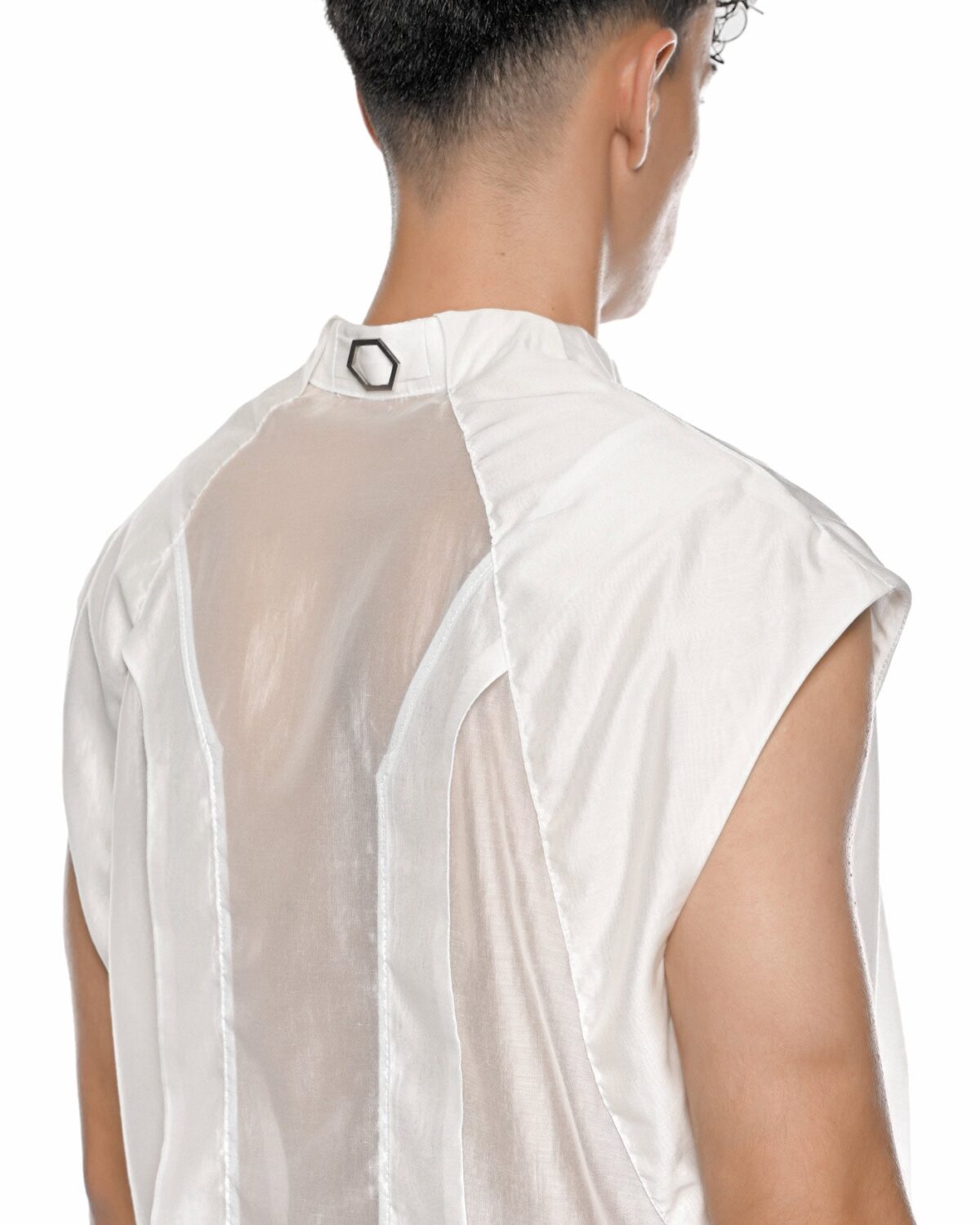 MINOAR - Radiant Sleeveless Bone White Shirt, Men's white lyocell shirt with semi-sheer fabric - 6