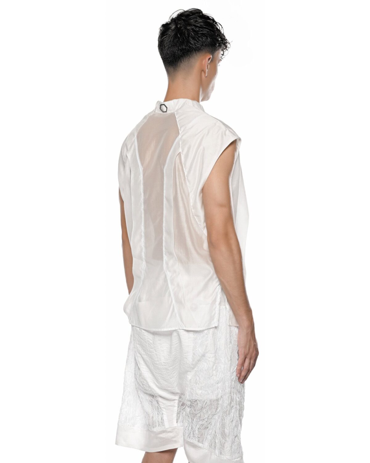 MINOAR - Radiant Sleeveless Bone White Shirt, Men's white lyocell shirt with semi-sheer fabric - 8