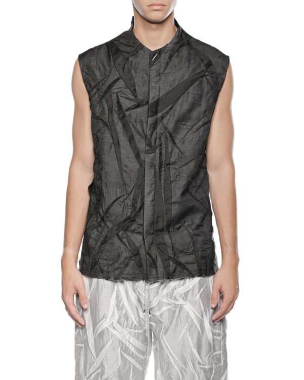 MINOAR - Diffuse Crushed Sleeveless Shirt, Men's black lyocell shirt with Crushed texture - 1
