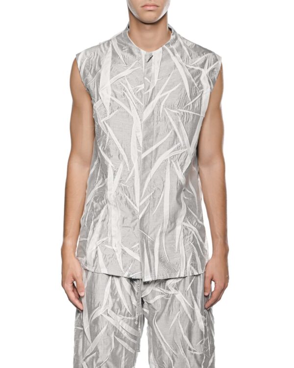 MINOAR - Diffuse Crushed Sleeveless Shirt, Men's white lyocell shirt with Crushed texture - 1