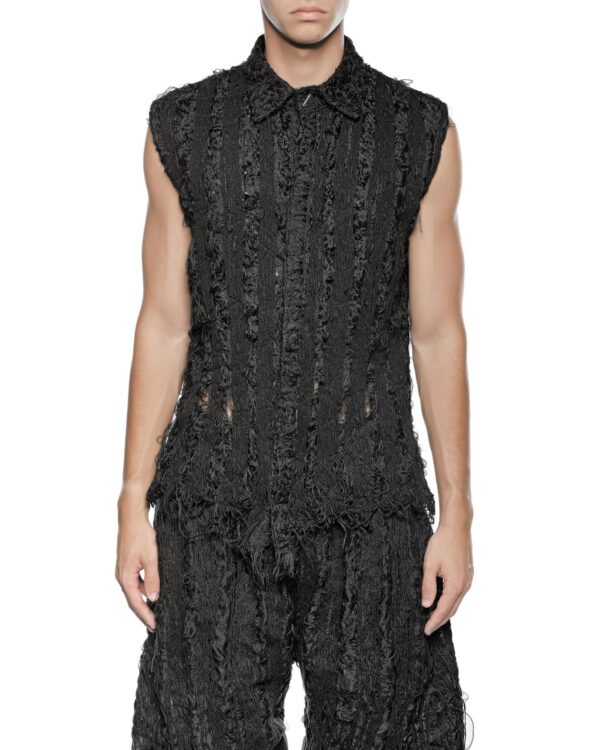 MINOAR - Filamentous Sleeveless Collar Shirt, Men's black cotton shirt with Fiber-Bond texture - 1