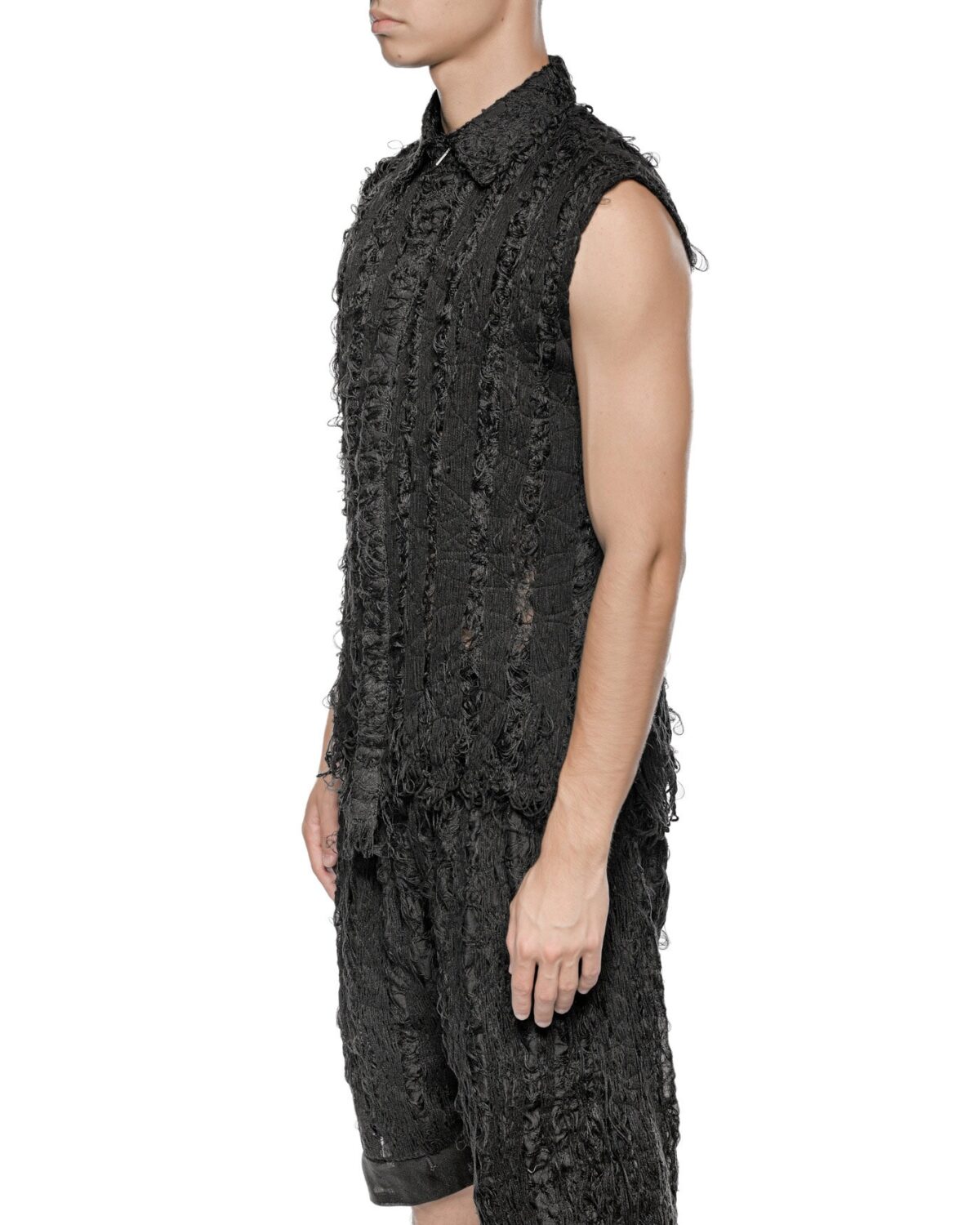 MINOAR - Filamentous Sleeveless Collar Shirt, Men's black cotton shirt with Fiber-Bond texture - 5