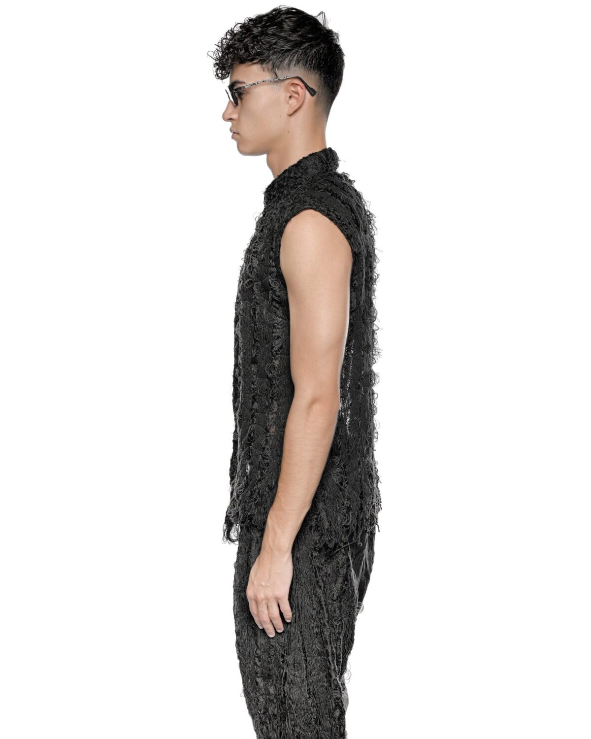 MINOAR - Filamentous Sleeveless Collar Shirt, Men's black cotton shirt with Fiber-Bond texture - 6