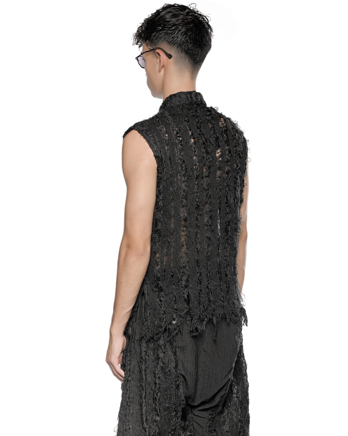 MINOAR - Filamentous Sleeveless Collar Shirt, Men's black cotton shirt with Fiber-Bond texture - 4