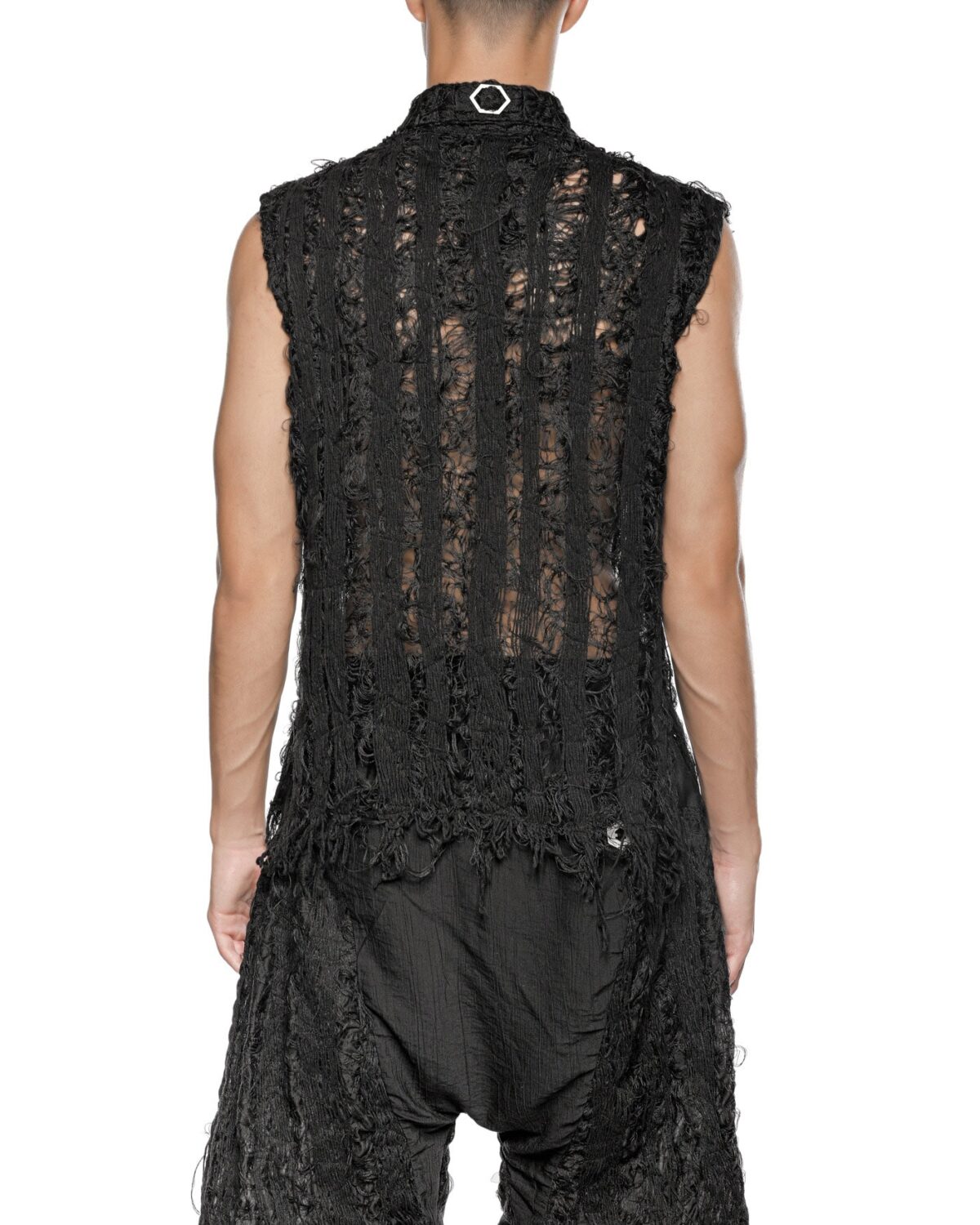 MINOAR - Filamentous Sleeveless Collar Shirt, Men's black cotton shirt with Fiber-Bond texture - 3