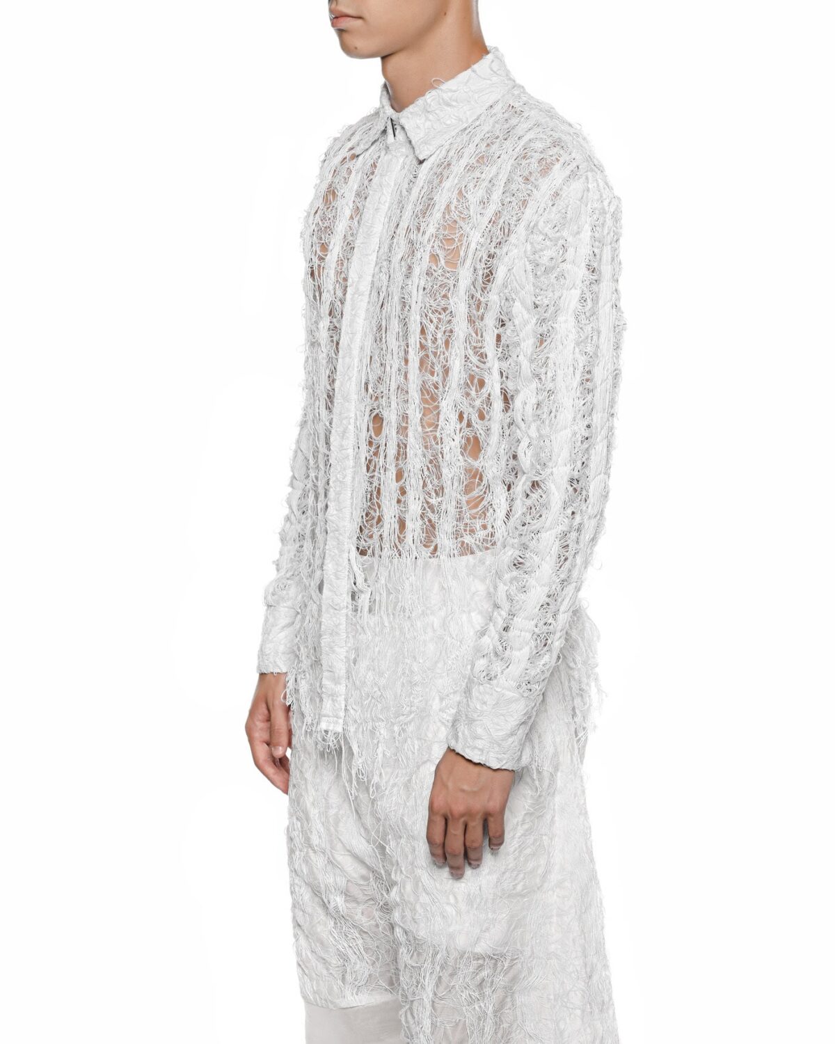 MINOAR - Filamentous Collar Optic Shirt, Men's white cotton shirt with Fiber-Bond texture - 3