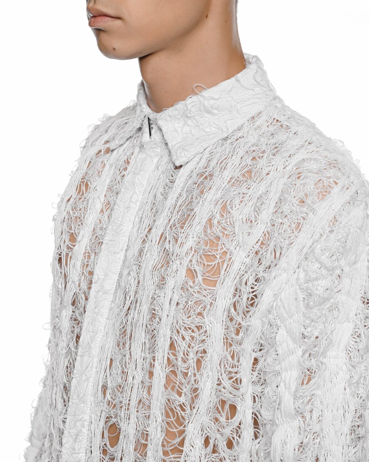 MINOAR - Filamentous Collar Optic Shirt, Men's white cotton shirt with Fiber-Bond texture - 5