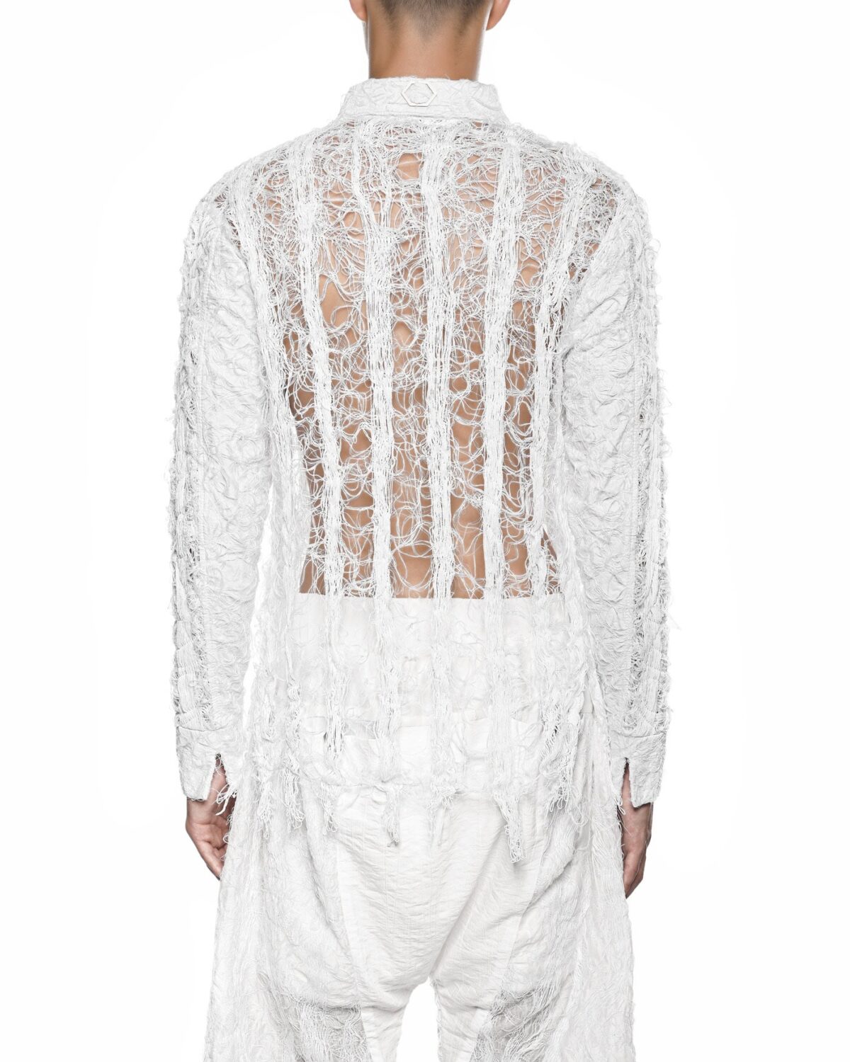 MINOAR - Filamentous Collar Optic Shirt, Men's white cotton shirt with Fiber-Bond texture - 8