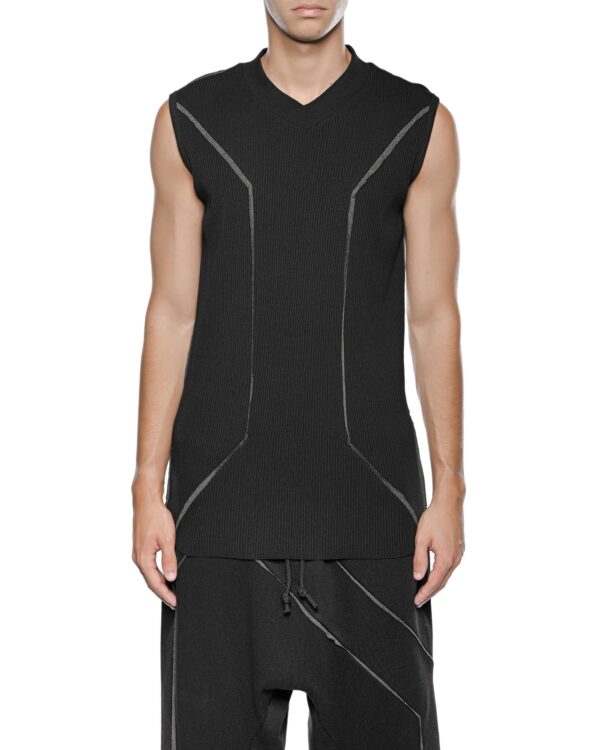MINOAR - Cluster External Seam Sleeveless Top, Men's black cotton top with external seam detail - 1