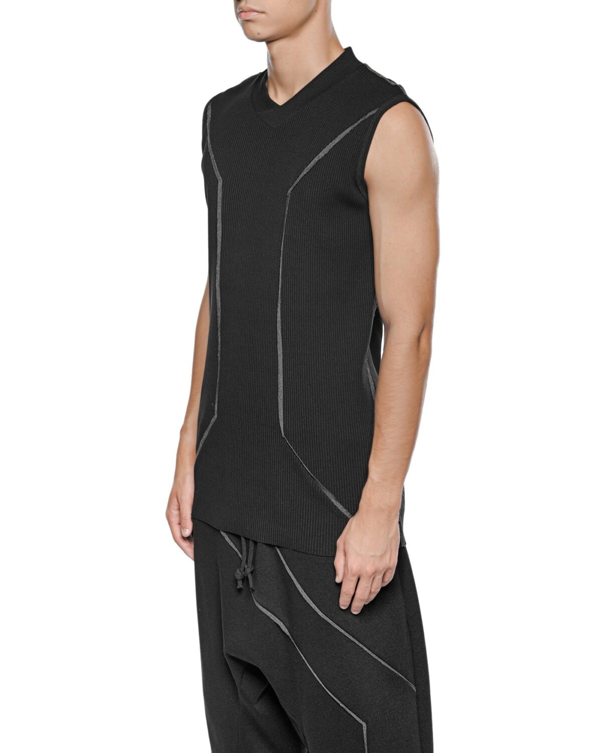 MINOAR - Cluster External Seam Sleeveless Top, Men's black cotton top with external seam detail - 4