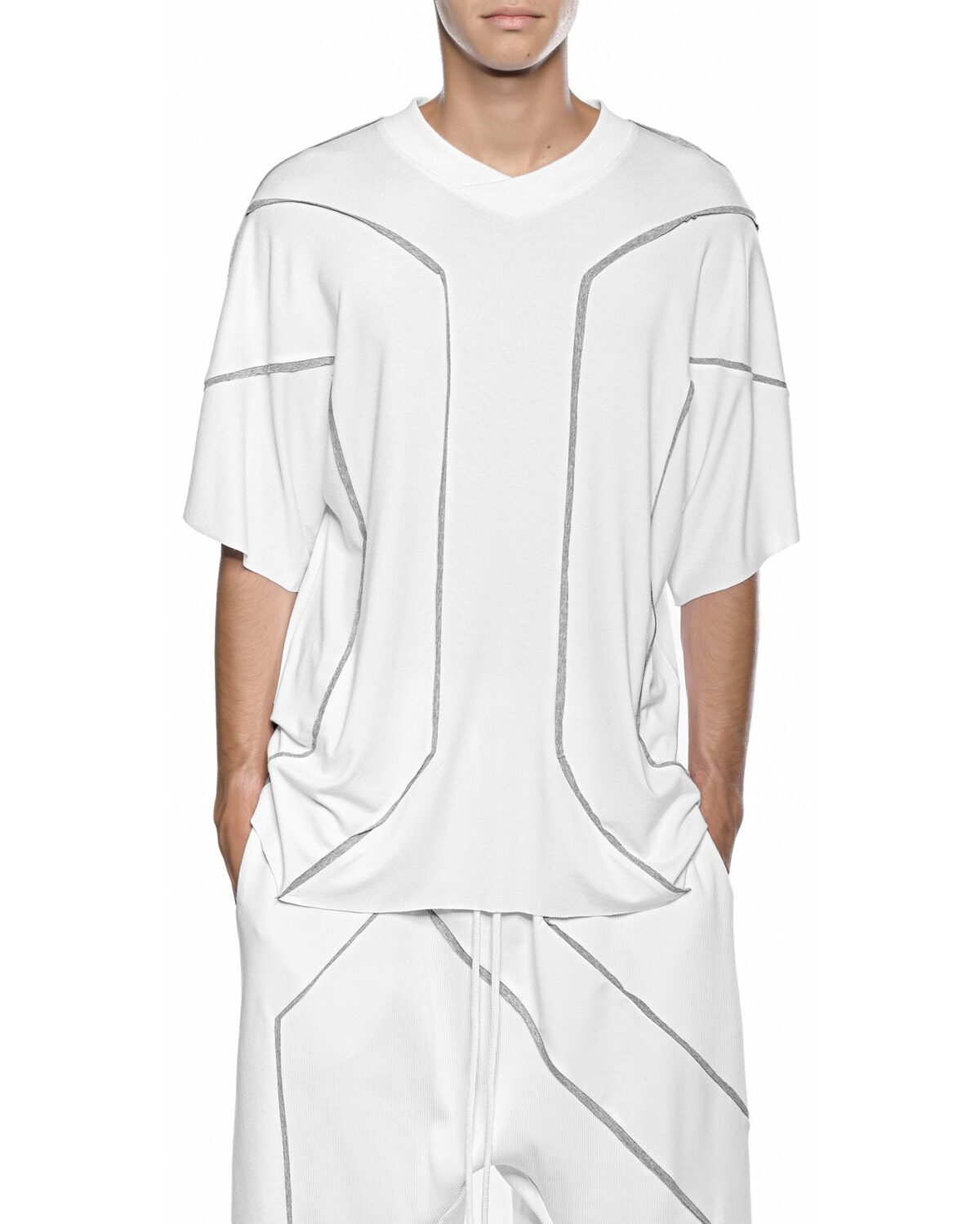 MINOAR - Cluster Oversize Loose T-shirt, Men's white cotton T-shirt with external seam detail - 3
