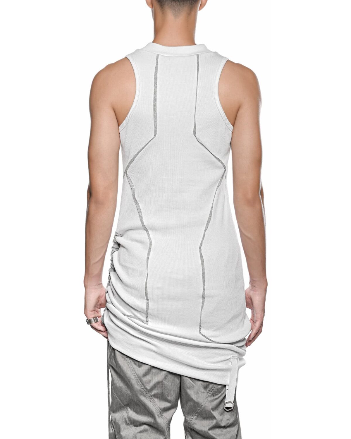 MINOAR - Cluster Adjustable Long Tank Top, Men's white cotton top with external seam detail - 5