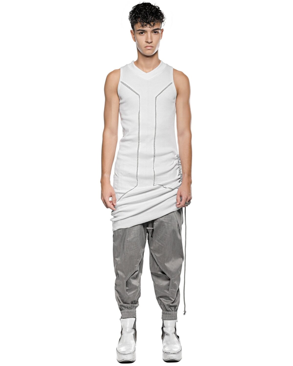 MINOAR - Cluster Adjustable Long Tank Top, Men's white cotton top with external seam detail - 3