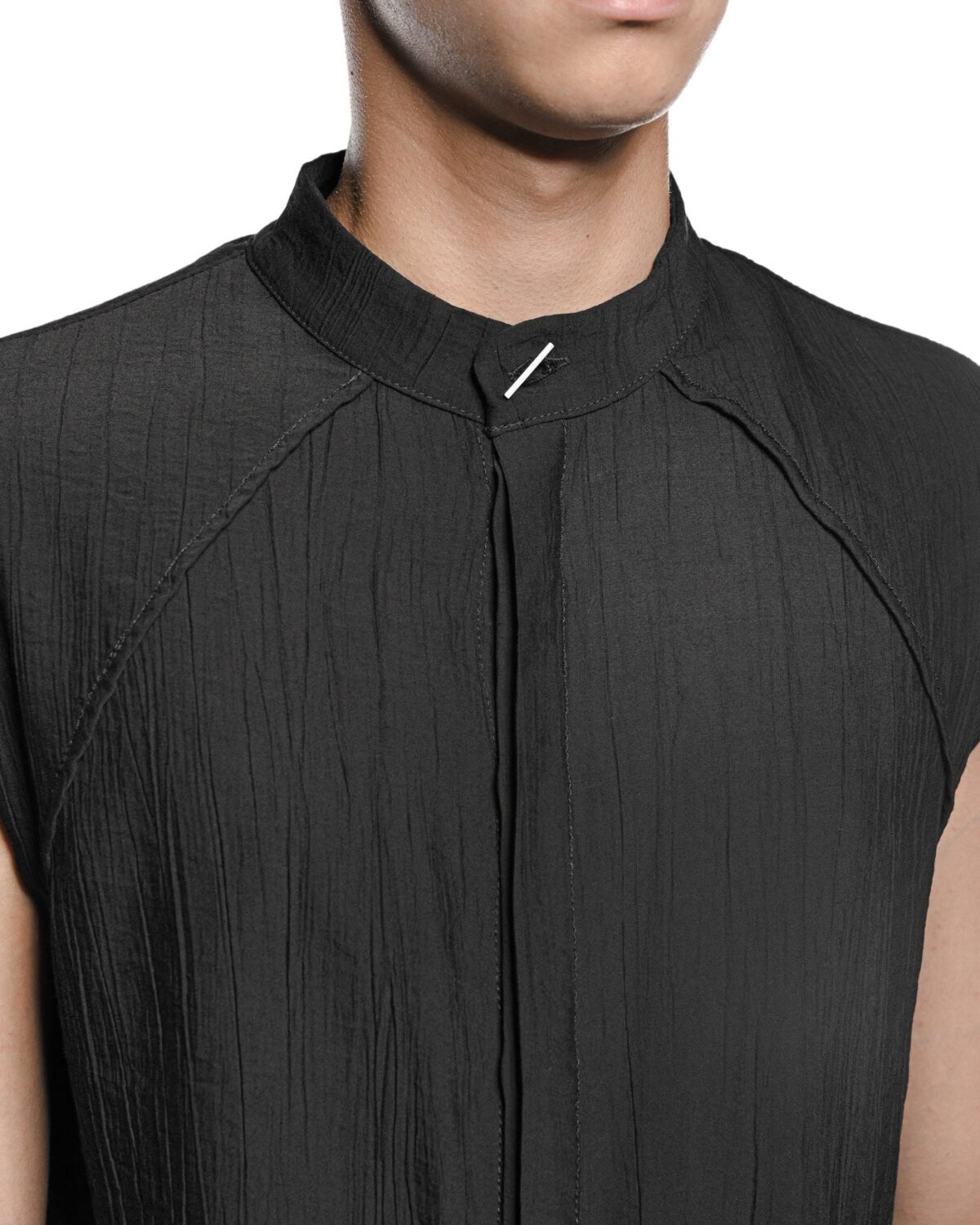 MINOAR - Array Sleeveless Shirt, Men's black viscose shirt with raised collar - 3