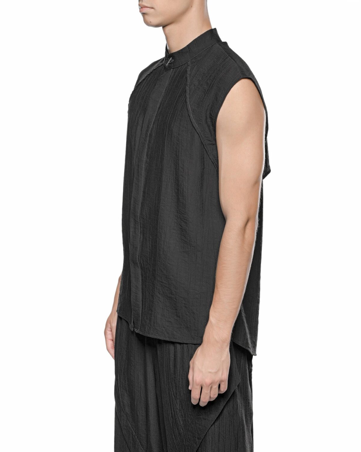 MINOAR - Array Sleeveless Shirt, Men's black viscose shirt with raised collar - 4
