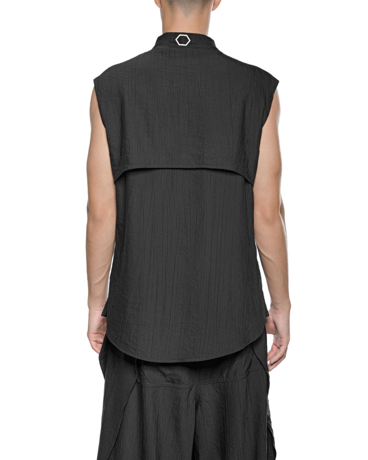 MINOAR - Array Sleeveless Shirt, Men's black viscose shirt with raised collar - 6
