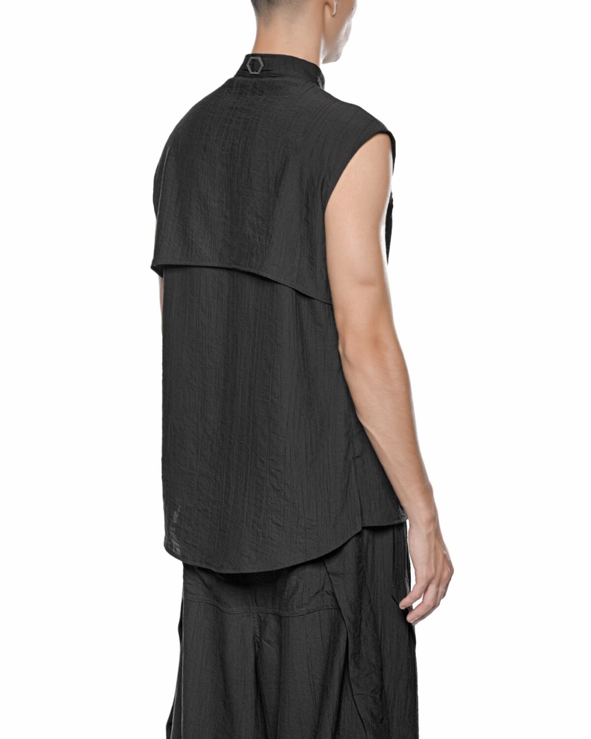 MINOAR - Array Sleeveless Shirt, Men's black viscose shirt with raised collar - 5
