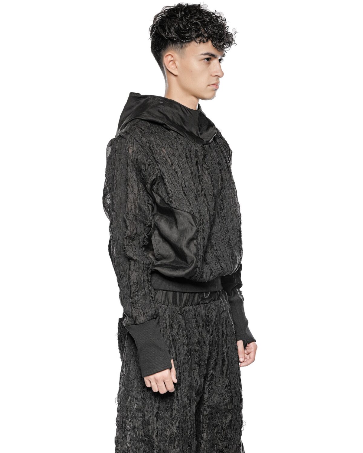MINOAR - Filamentous Shell Hood Anorak, Men's black cotton anorak with Fiber-Bond texture - 3